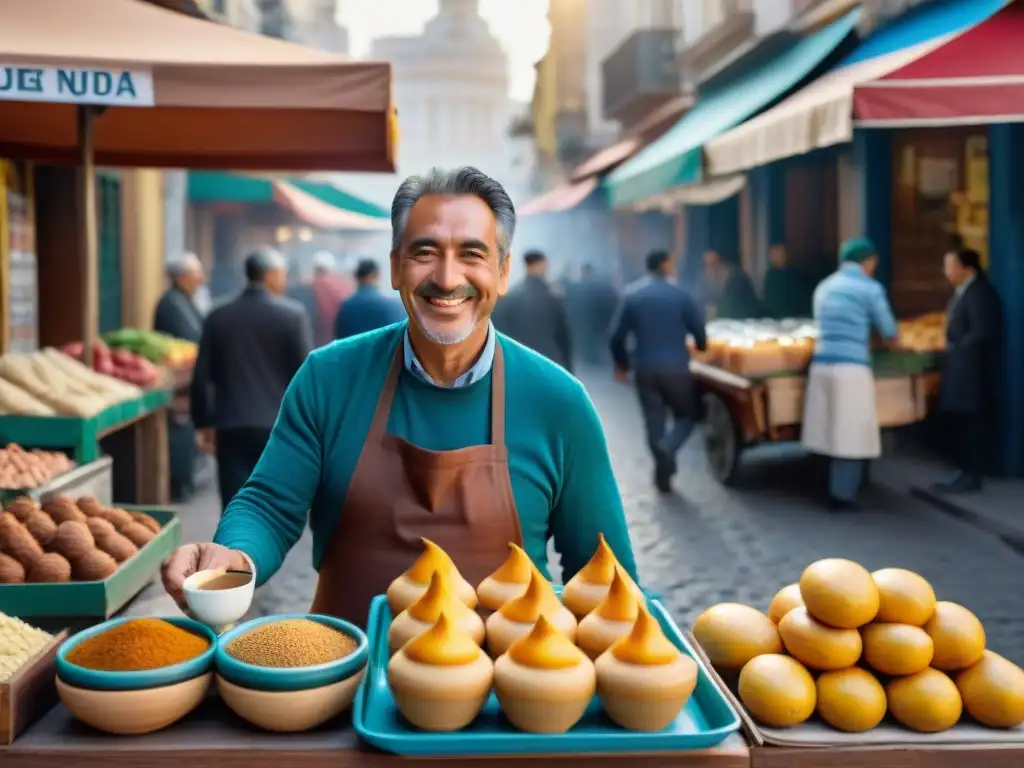 Escena de mercado matutino en Montevideo con desayunos locales y clientes felices disfrutando de mate caliente