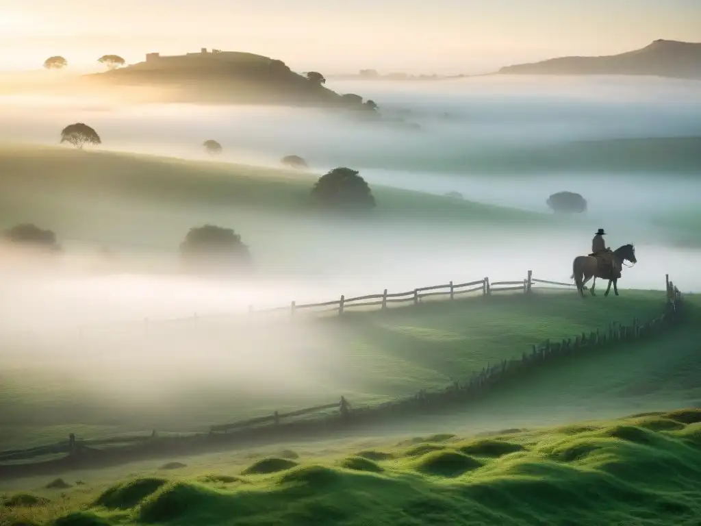 Escena mística al amanecer en un campo uruguayo, con gaucho a caballo