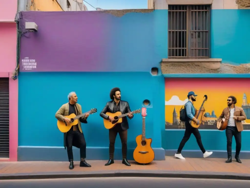 Escena musical alternativa en Uruguay: Grupo diverso de músicos y entusiastas comparten en una calle colorida de Montevideo