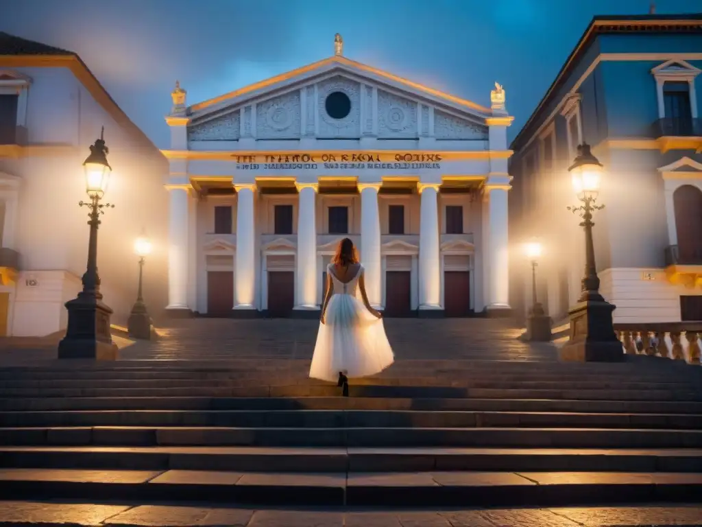 Escena nocturna misteriosa en el Teatro Solís, Uruguay, con la Dama Blanca en la neblina, ideal para tour nocturno lugares embrujados Uruguay