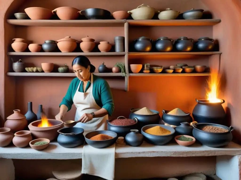 Escena nostálgica de cocina uruguaya con cazuela, chef revolviendo y especias locales