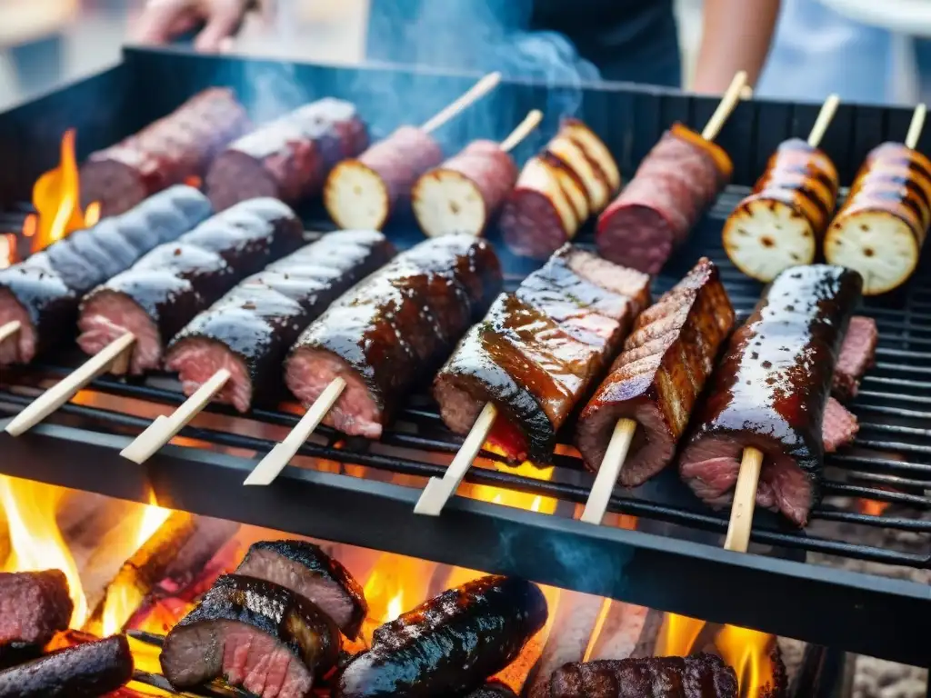 Una escena de parrillada uruguaya tradicional en festival local con asado, chorizos y morcillas