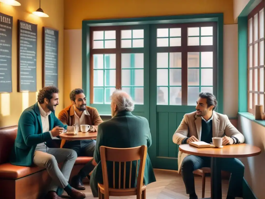 Una escena poética en Montevideo: poetas conversan en un café rodeados de libros y versos poéticos en Uruguay