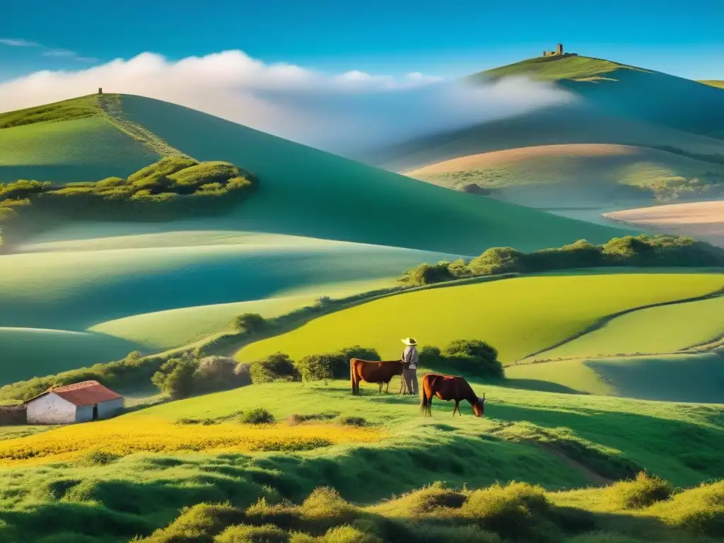 'Escena primaveral vibrante en Uruguay rural: paisaje verde con flores silvestres, gaúcho pastoreando ganado a caballo y pueblo entre colinas