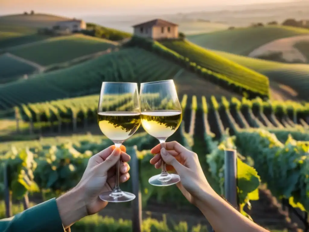 Escena romántica en viñedo uruguayo al atardecer con pareja brindando entre viñedos verdes