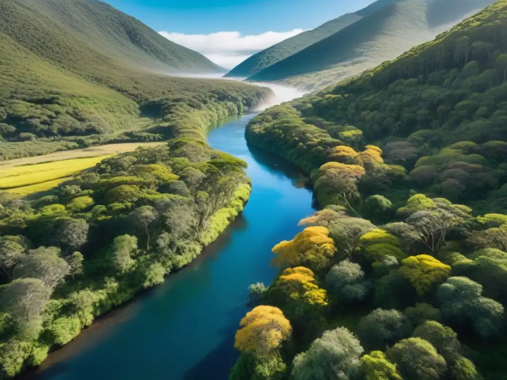 Escena serena de un área protegida remota en Uruguay: vasto bosque verde con diversa flora y fauna