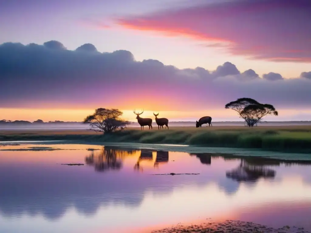 Escena serena al atardecer en humedales de Uruguay, con fauna silvestre como carpinchos y venados de pantano, reflejando la rica cultura uruguaya