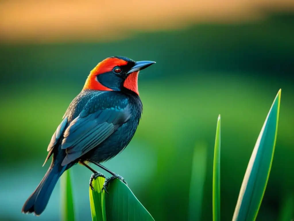 Escena serena de Observación de aves en Uruguay: Un llamativo Tordo cabeza roja posado en un junco verde, iluminado por la suave luz matutina