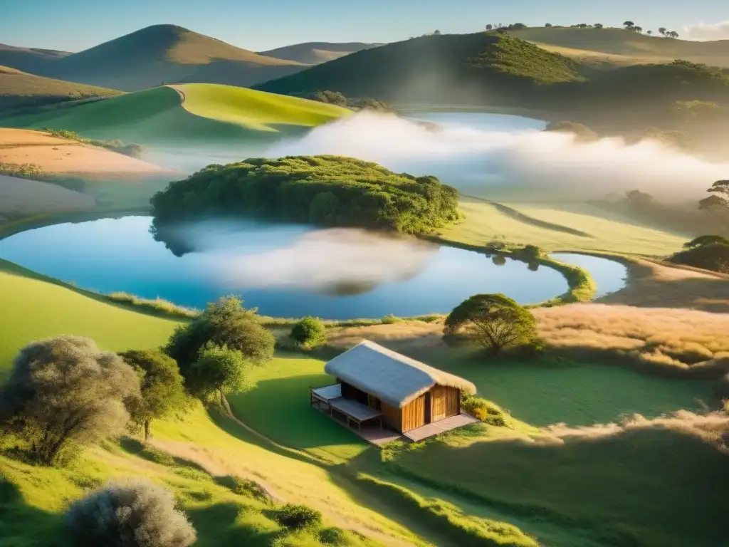 Escena serena de campo en Uruguay con colinas verdes, río tranquilo y cabaña rústica entre árboles