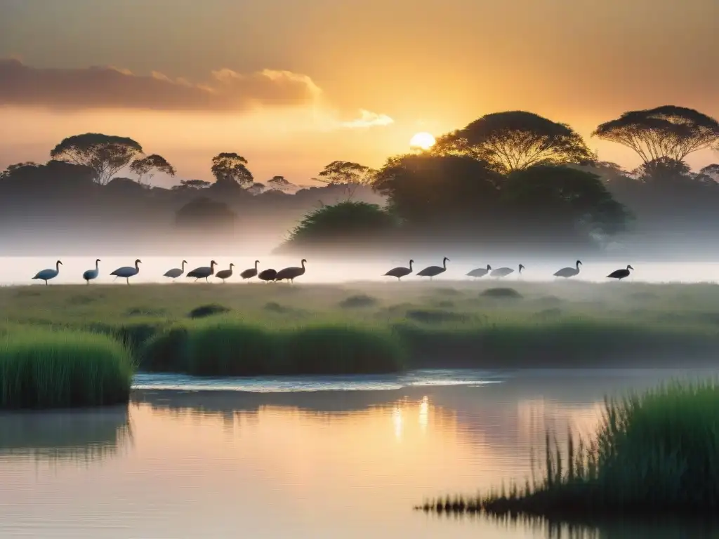 Escena serena al amanecer en humedales de Uruguay con fauna local