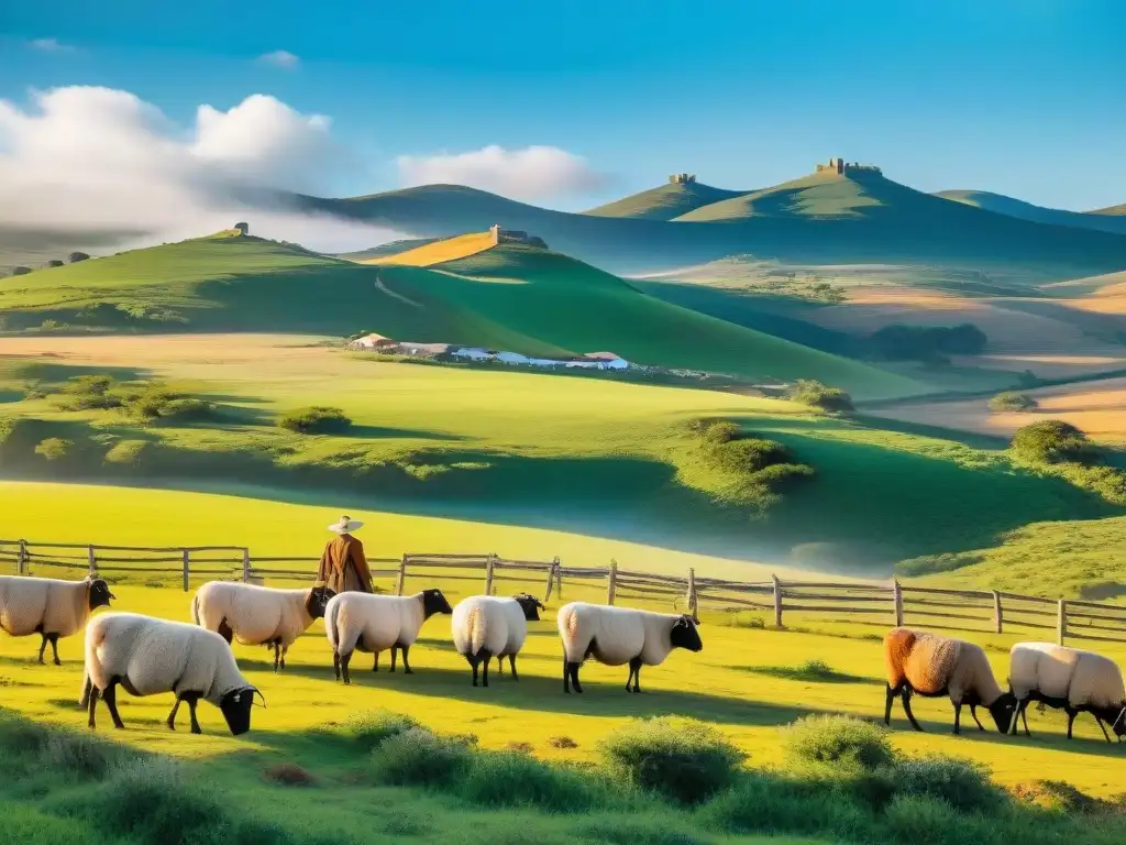 Escena serena de turismo rural en Uruguay: paisaje verde con casas blancas, ganado, gaucho y flores silvestres