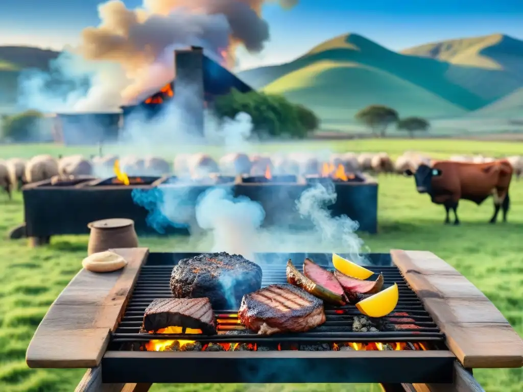 Escena tradicional de asado uruguayo en estancia: gauchos cocinando sobre parrilla rústica en paisaje campestre