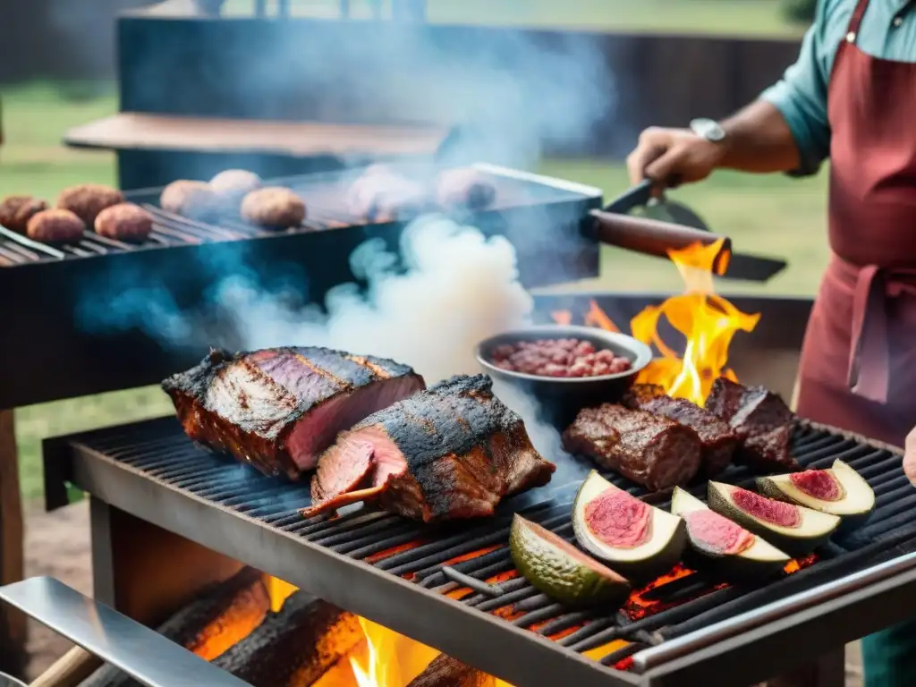 Escena tradicional del asado uruguayo con gauchos preparando carnes en parrilla al aire libre, rodeados de humo y llamas