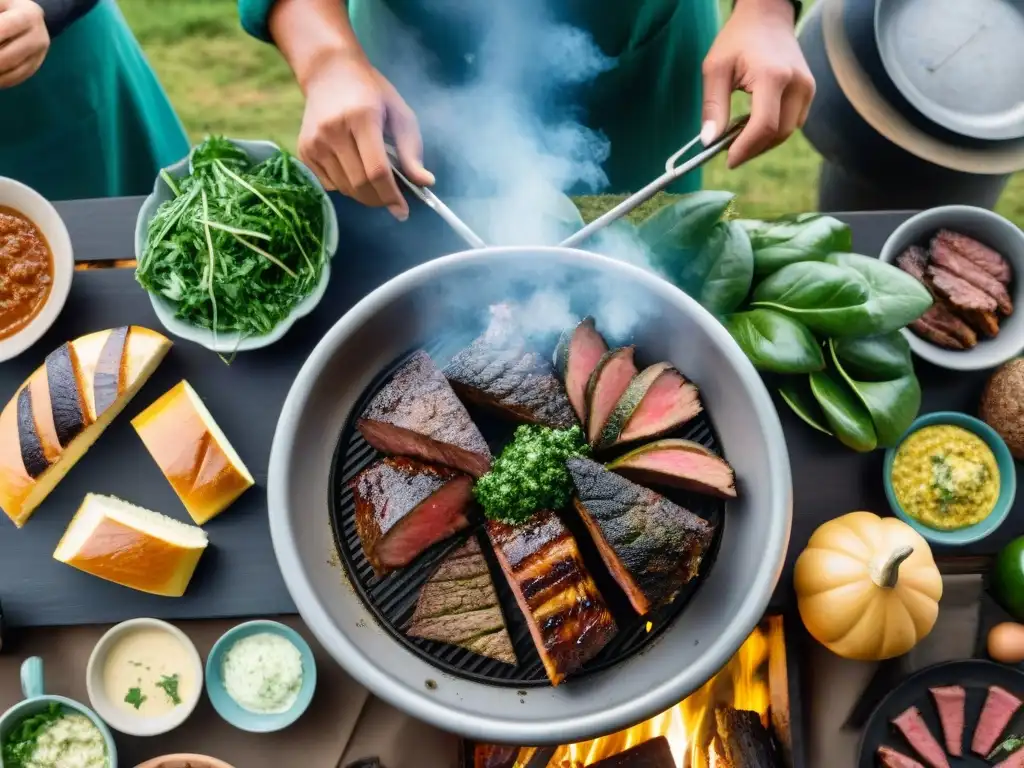 Una escena de un tradicional asado uruguayo en el campo, con comida, mate y naturaleza, reflejando las riquezas culturales de Montevideo