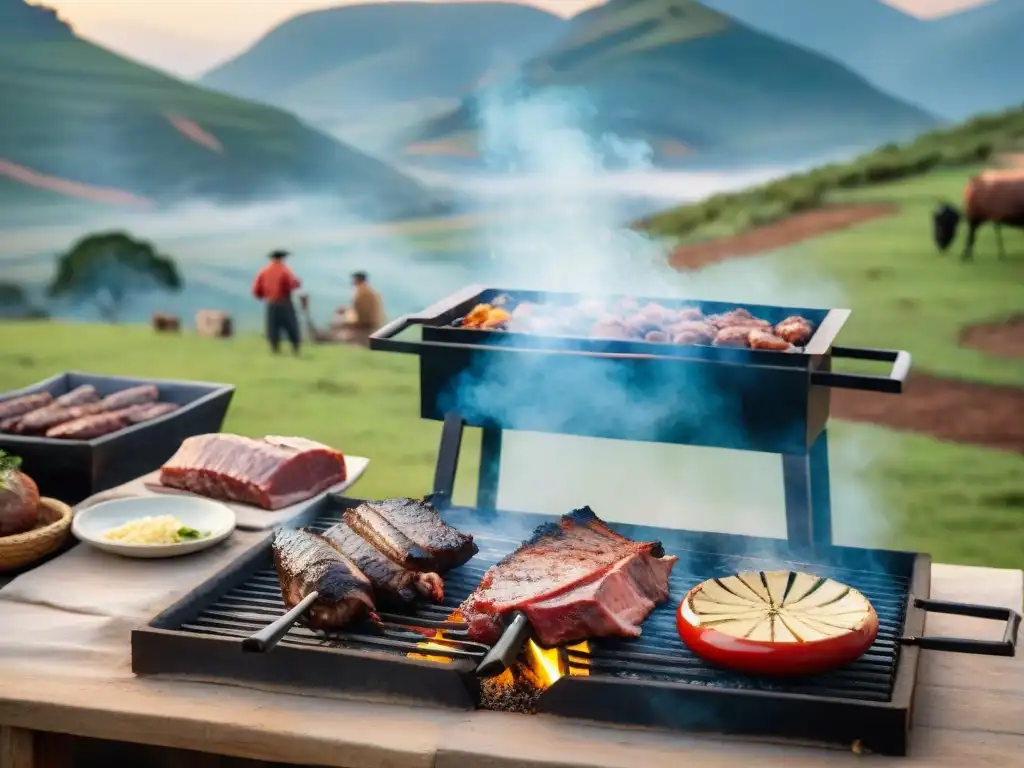 Escena del tradicional asado uruguayo auténtico con gauchos cocinando carne a la parrilla en el campo