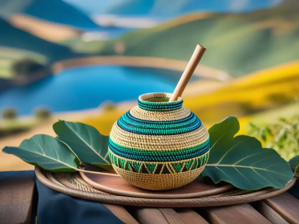 Una escena tranquila de la cultura uruguaya con un mate y yerba mate, resaltando bebidas tradicionales