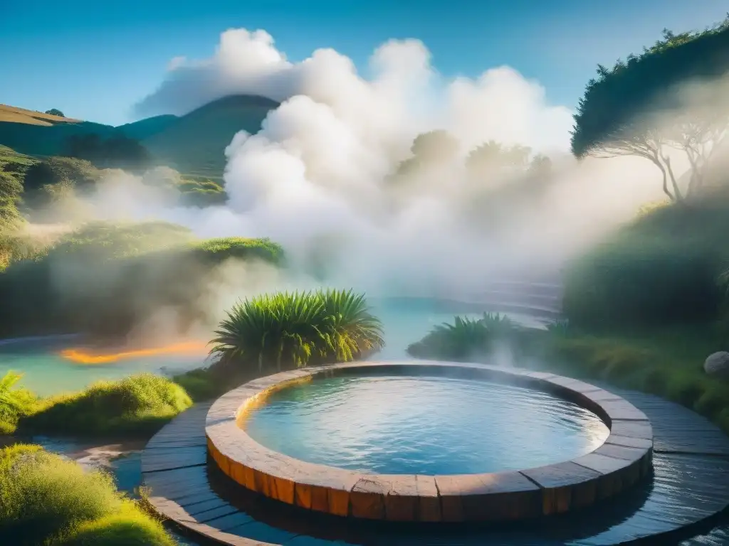 Escena tranquila en termas tradicionales de Uruguay, armonizando tradición y modernidad en un entorno natural exuberante