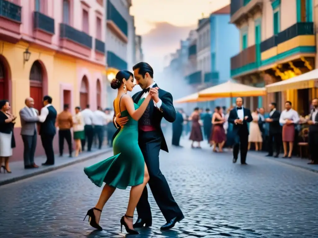 Una escena urbana de Montevideo con parejas bailando tango uruguayo, iluminados por cálidas farolas