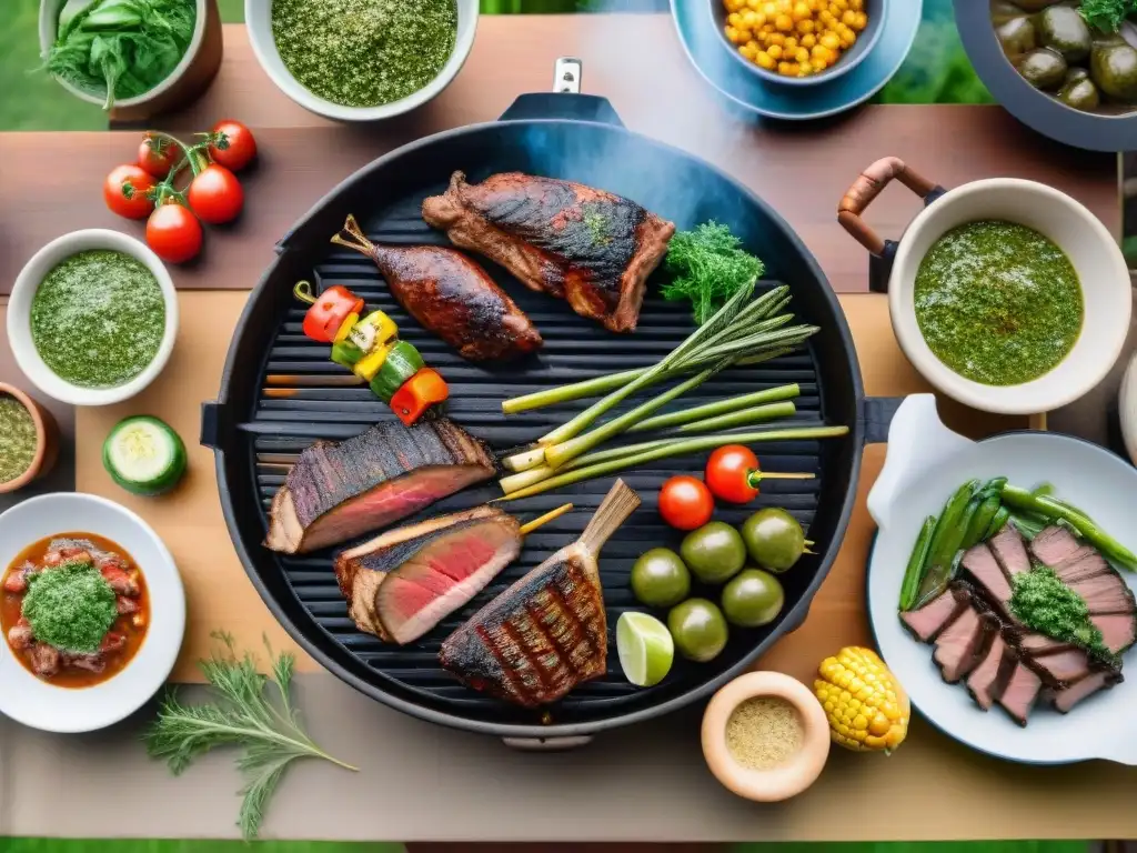 Una escena vibrante de un asado uruguayo tradicional al aire libre, con amigos y familia disfrutando la cultura culinaria