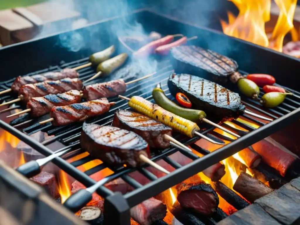 Una escena vibrante de un asado uruguayo tradicional en la Ruta del asado en Uruguay, con gauchos, carne y vegetales a la parrilla