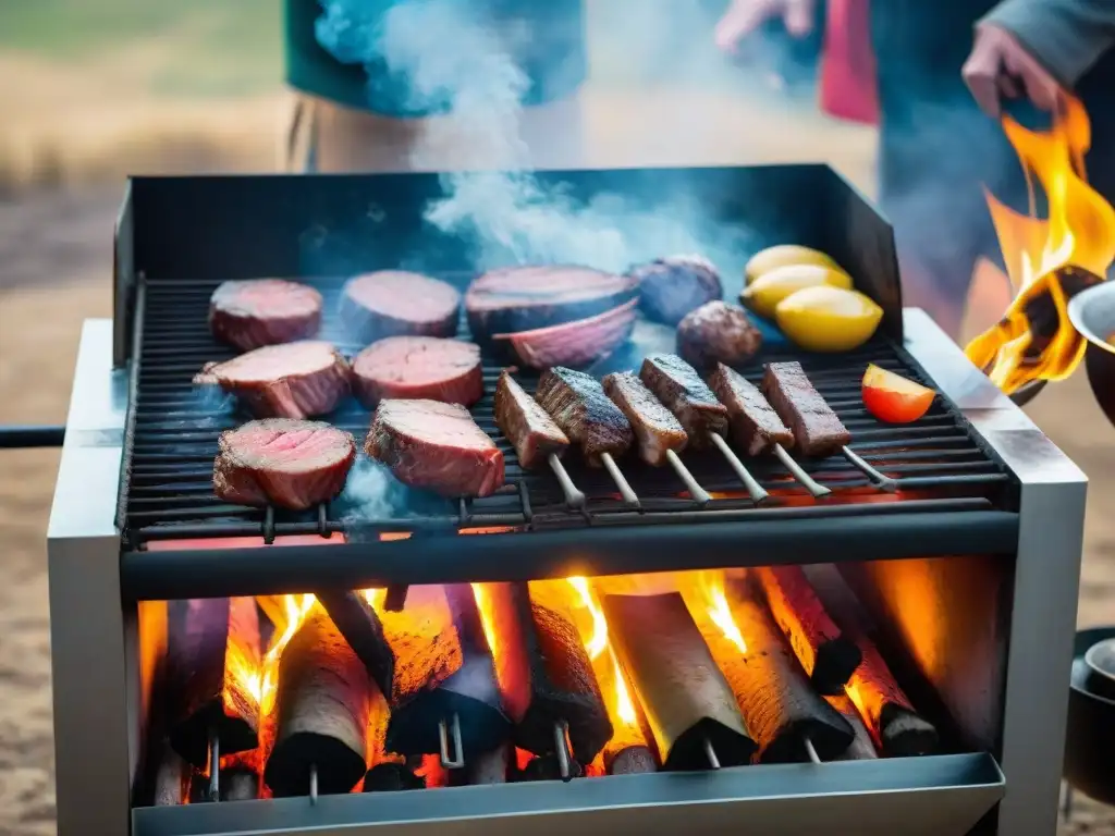 Una escena vibrante de un asado uruguayo tradicional, donde la gastronomía uruguaya conquista mundo