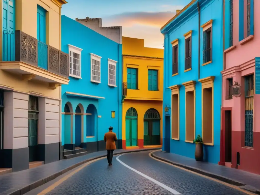 Escena vibrante al atardecer: gente camina entre edificios históricos y grafitis coloridos en Montevideo, Uruguay