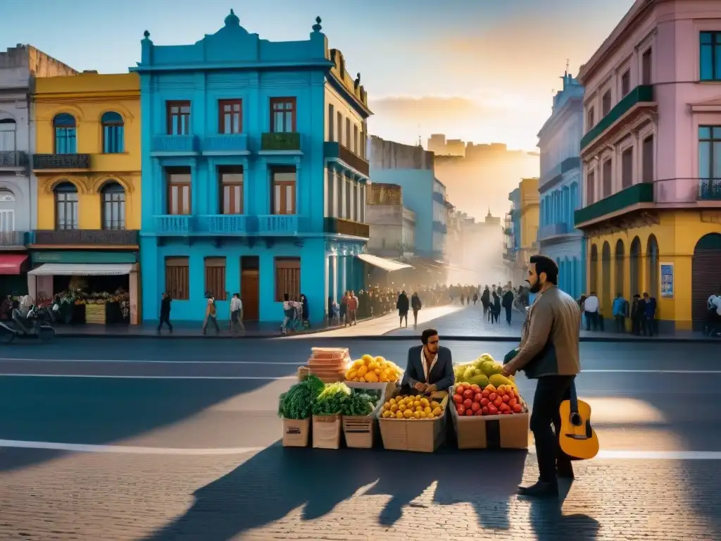 Escena vibrante de una calle bulliciosa en Montevideo, Uruguay, durante un atardecer colorido