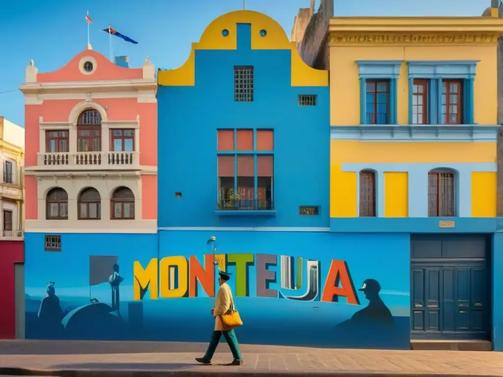 Una escena vibrante en las calles de Montevideo, Uruguay, con artistas callejeros pintando murales