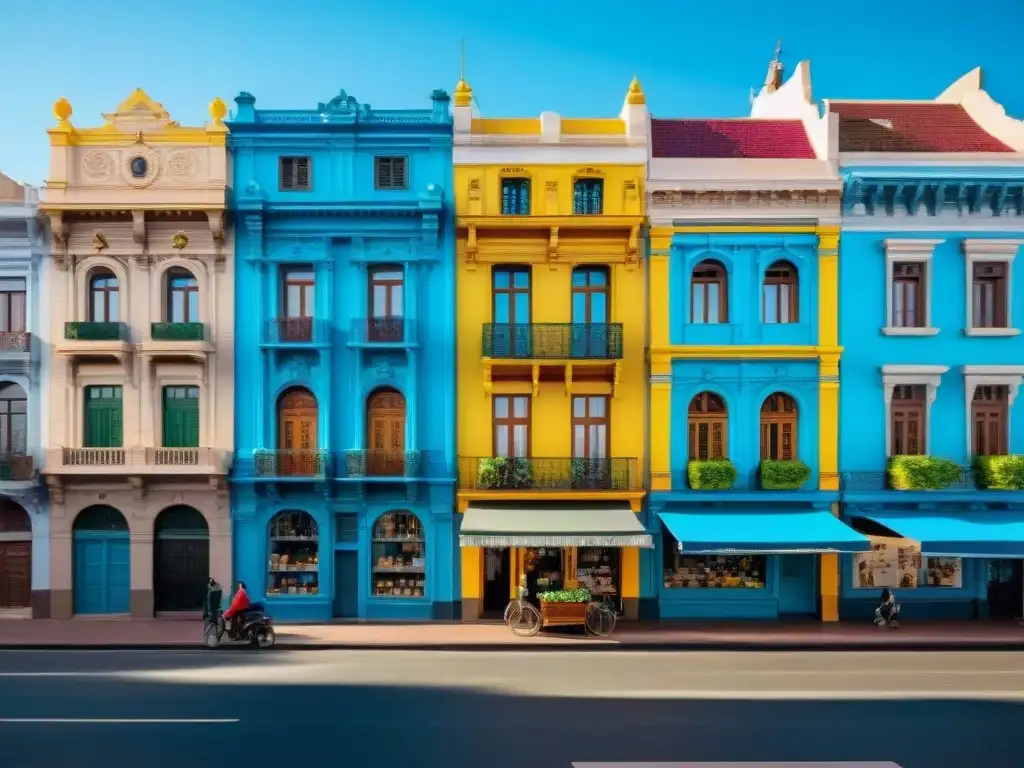 Escena vibrante de calles en Montevideo con edificios coloniales coloridos y locales en actividades diarias