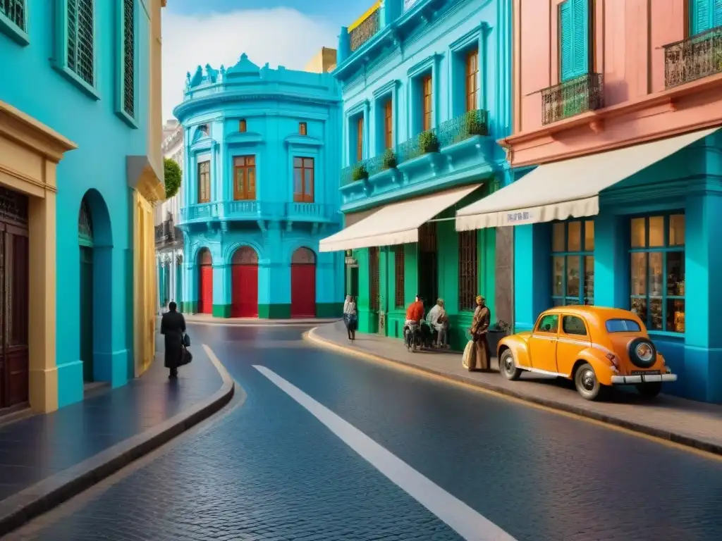 Escena vibrante en Montevideo, Uruguay: edificios coloniales coloridos, gente conversando, vendedores callejeros con mate y dulce de leche