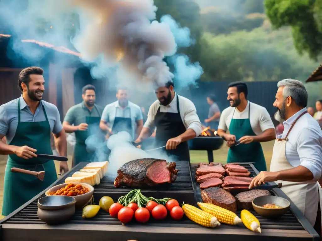 Una escena vibrante de la cultura del asado uruguayo impacto, con personas y alimentos en una parrillada al aire libre