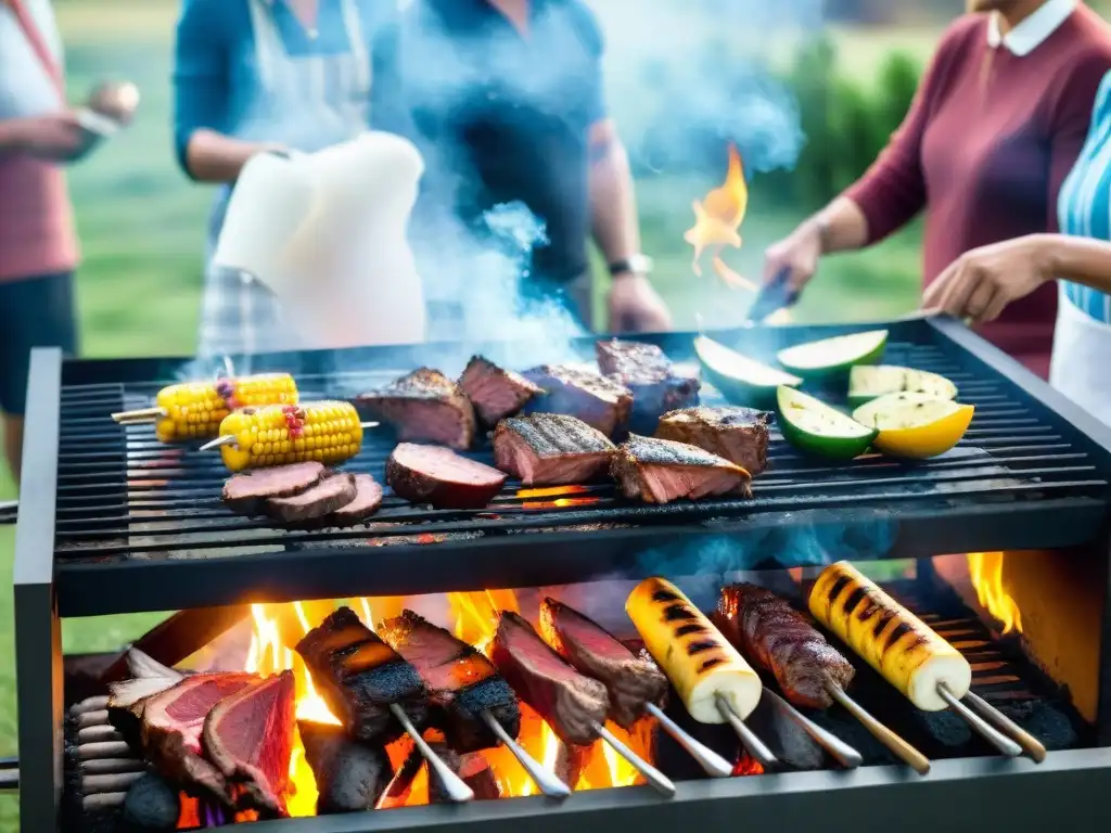 Una escena vibrante de la cultura del asado uruguayo impacto: amigos alrededor de una parrilla tradicional, carne sizzling y una atmósfera cálida