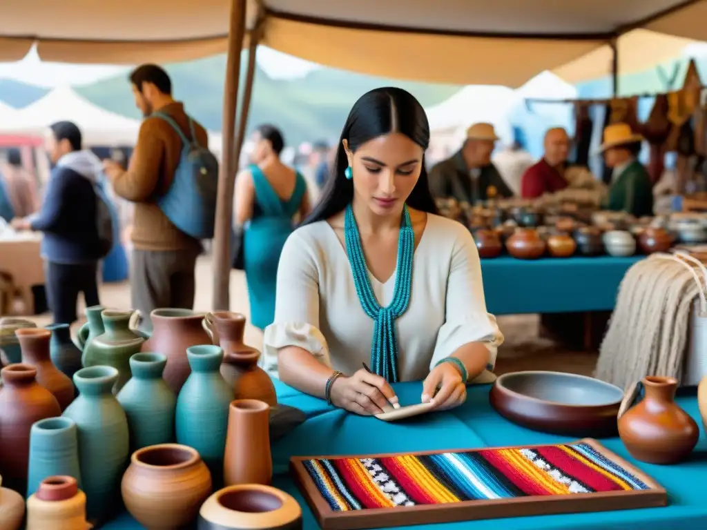 Escena vibrante de feria artesanal uruguaya con souvenirs originales y artesanías únicas