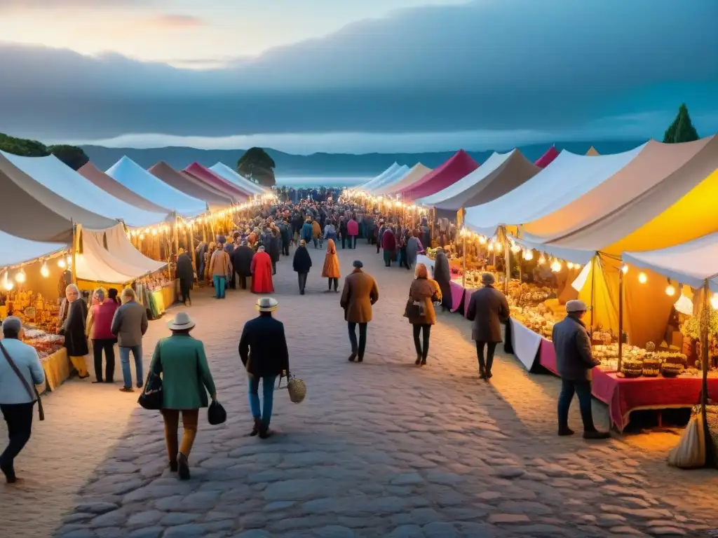 Una escena vibrante en la Feria artesanal Tristán Narvaja en Uruguay, con coloridas artesanías y una atmósfera bulliciosa