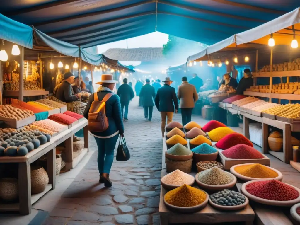 Una escena vibrante de una feria artesanal tradicional en Uruguay, con coloridos textiles, cerámica intrincada y artesanías de cuero único