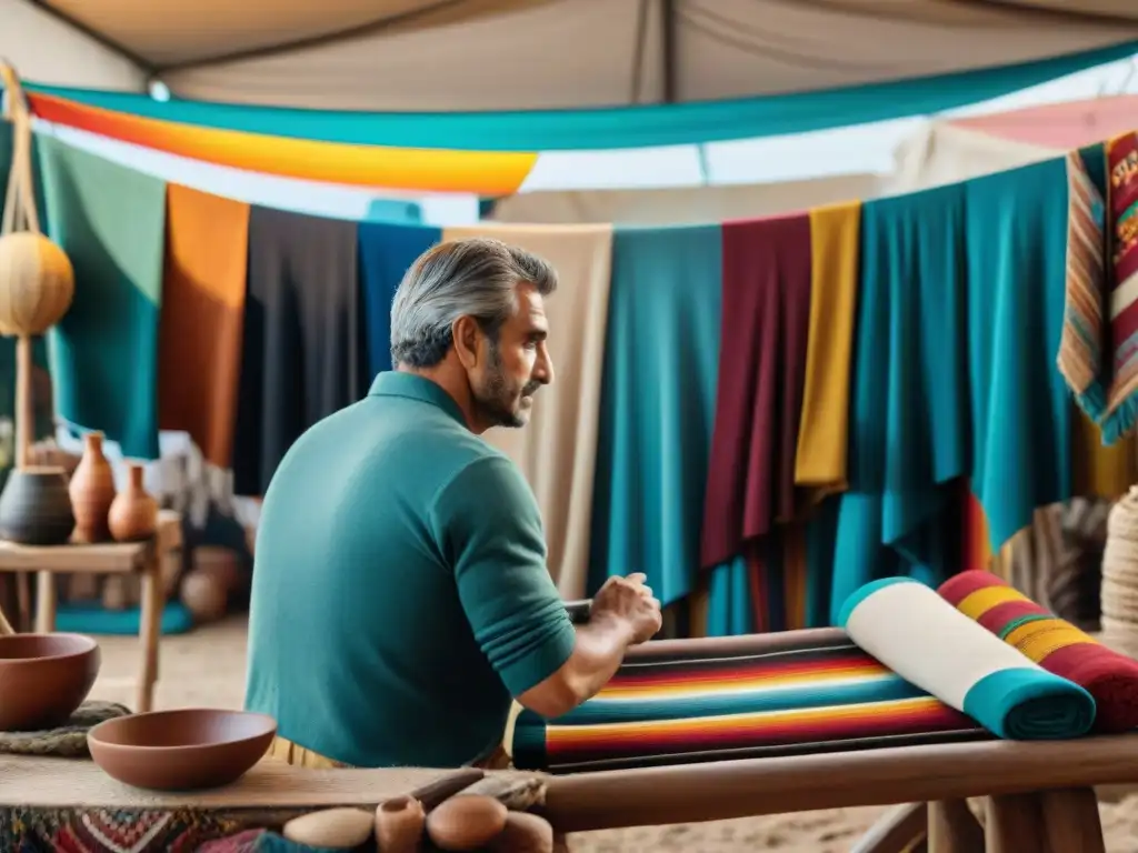 Escena vibrante de feria artesanal en Uruguay, con coloridos productos locales y artesano tejiendo