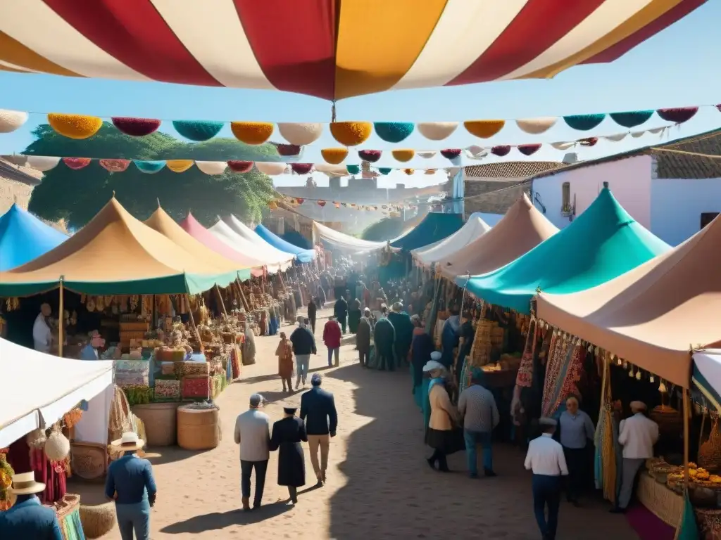 Escena vibrante de una feria artesanal pintoresca en Uruguay con puestos coloridos y productos locales