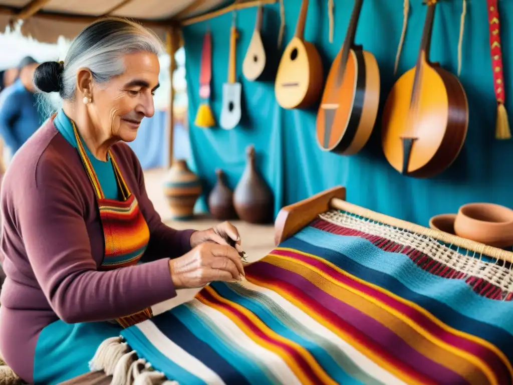 Escena vibrante en feria tradicional de Uruguay, con artesanos locales mostrando textiles y cerámica