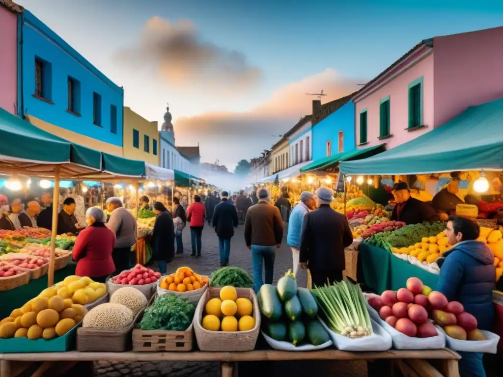 Escena vibrante de una feria vecinal en Uruguay: puestos coloridos, productos locales y comunidad en acción