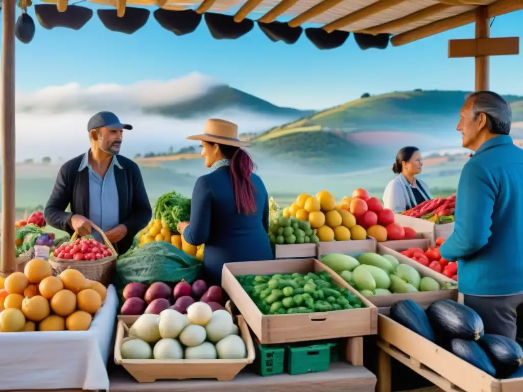 Escena vibrante en el Festival Huerto a Mesa Canelones: frutas y verduras orgánicas, granjeros conversando, colinas y cielo azul