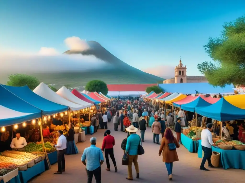 Escena vibrante en el Festival del Salmón La Paloma: puestos coloridos, artesanías locales, música y baile bajo un cielo azul