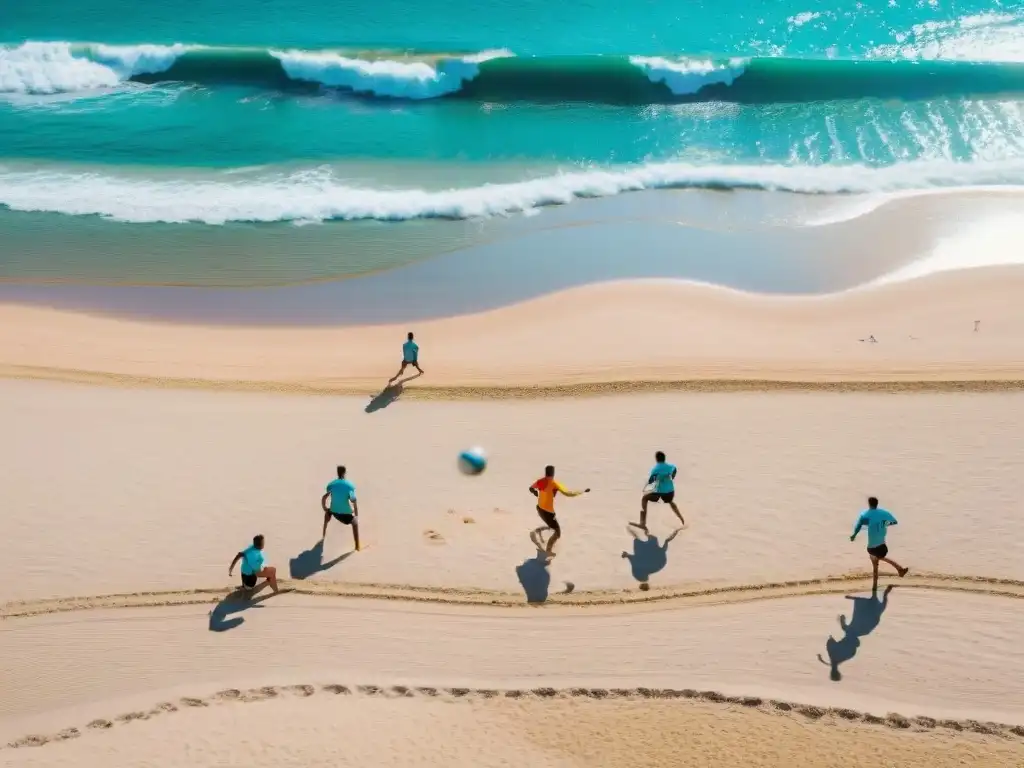 Escena vibrante de Fútbol Playa en Uruguay, con jugadores coloridos en acción bajo el sol