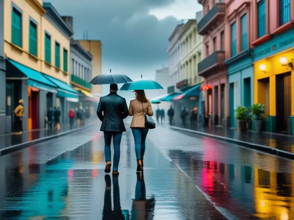 Una escena vibrante en Montevideo, Uruguay, con lluvia torrencial