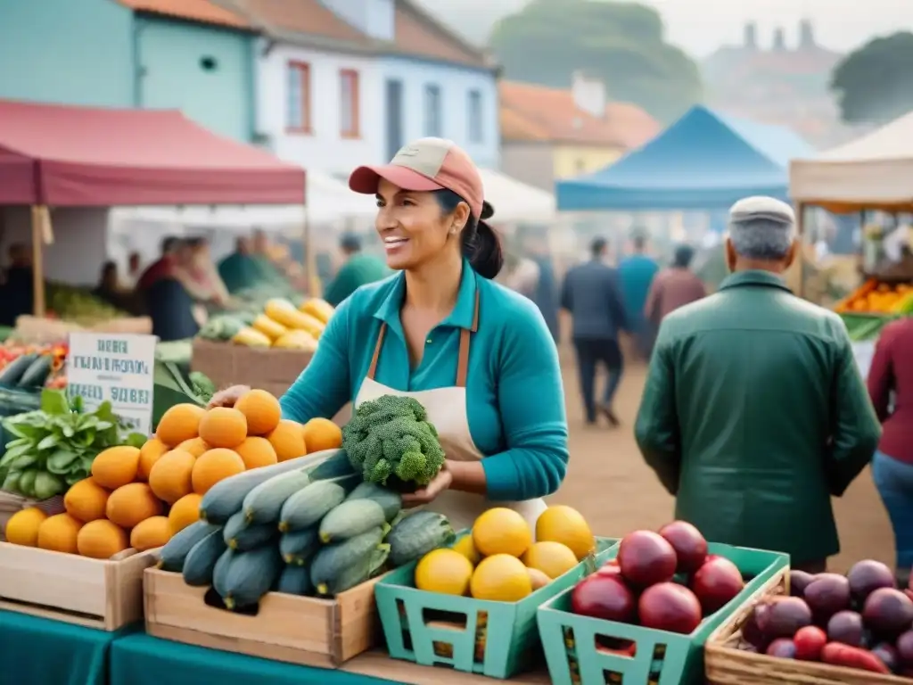 Una escena vibrante de un mercado de agricultores en Uruguay, con frutas y verduras frescas, gente diversa y arquitectura tradicional