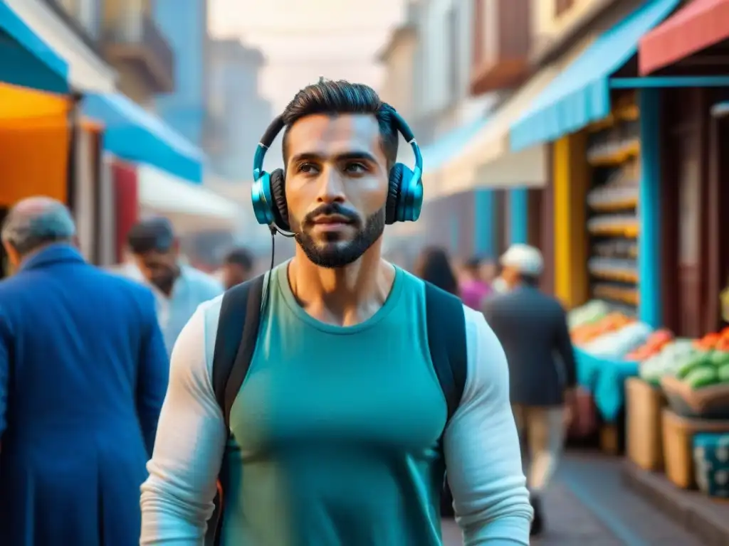 Escena vibrante de mercado callejero en Montevideo, Uruguay, con auriculares inalámbricos para Uruguay