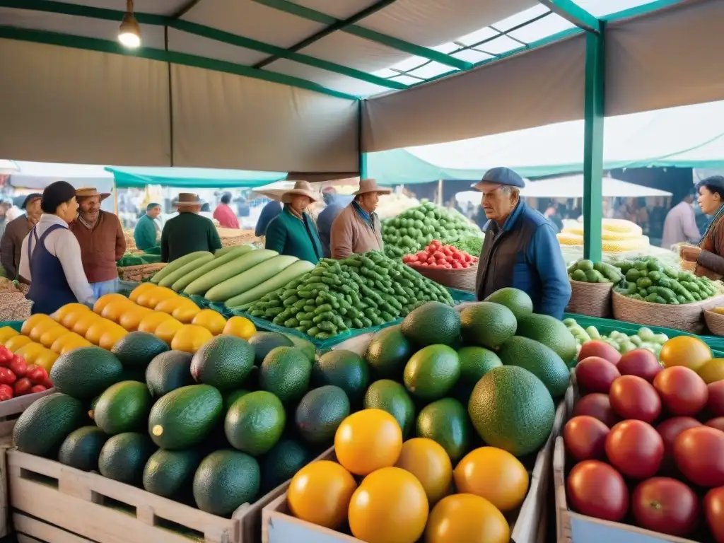 Escena vibrante en el Mercado Agrícola de Montevideo: coloridas frutas y verduras, comerciantes locales y ambiente auténtico