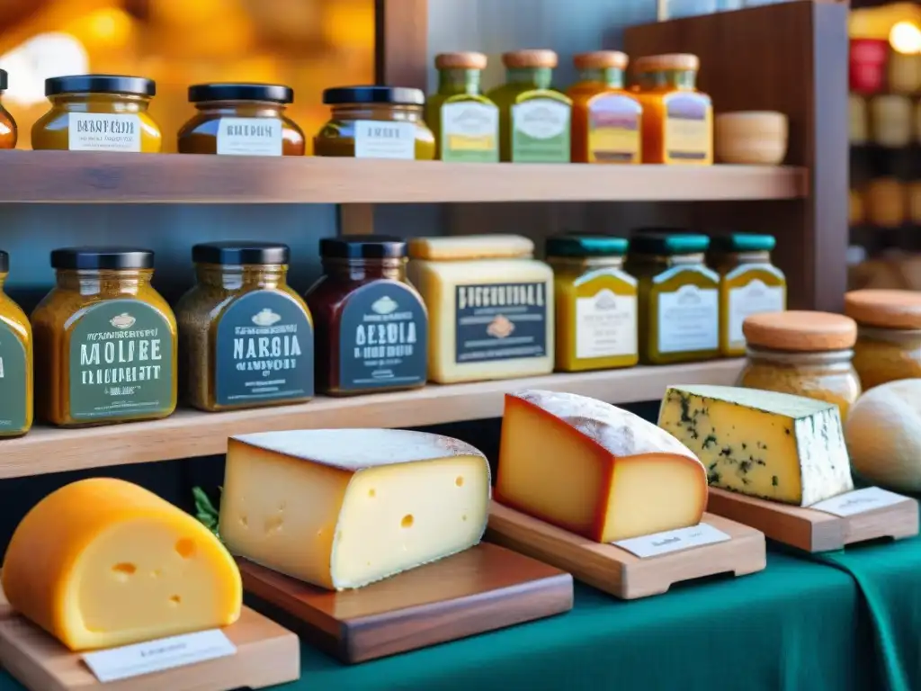 Exquisita selección gourmet uruguaya en mercado vibrante Una escena vibrante en un mercado gourmet en Uruguay con productos artesanales y coloridas especias, bañados en cálida luz natural