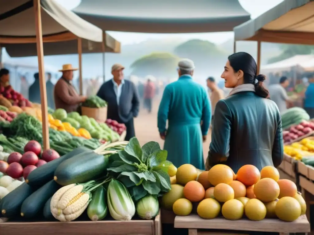 Escena vibrante en mercado local de Uruguay con productos sostenibles y coloridas frutas y verduras en puestos de madera