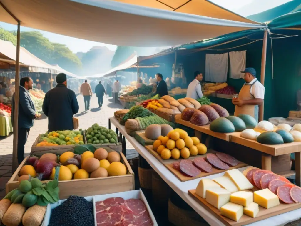 Escena vibrante de un mercado tradicional en Uruguay, con vendedores y clientes bajo toldos coloridos