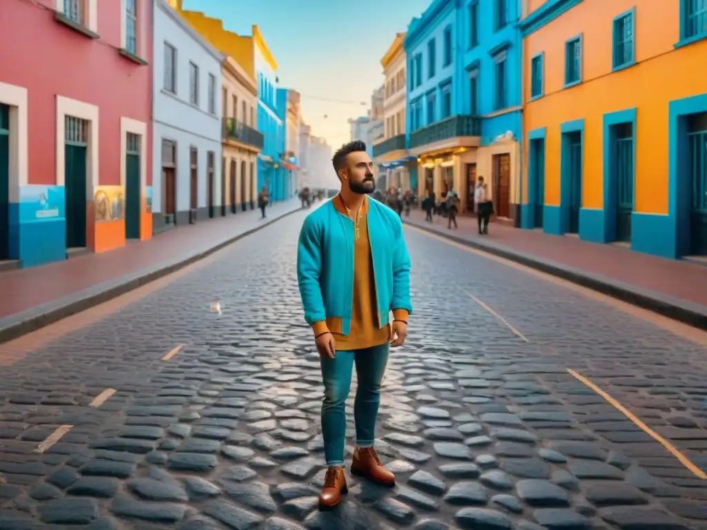 Escena vibrante en Montevideo, Uruguay, con murales coloridos que reflejan la identidad uruguaya de Jaime Roos